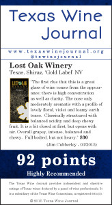 Lost Oak Winery Texas, Shiraz, ‘Gold Label’ NV 92 PTS