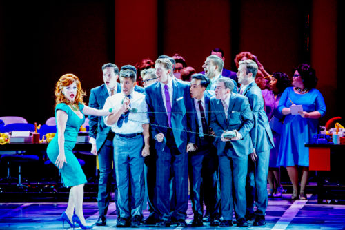 Felicia Finley as Hedy LaRue and the Cast of How To Succeed. Photos by Os Galindo