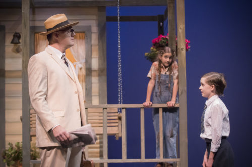 Jason Douglas as Atticus Finch, Jemma Kosanke as Scout Finch and McKay Lawless as Charles Baker Harris “Dill” in To Kill a Mockingbird at the A.D. Players Theater in Houston, Texas. Photo by Jeff McMorrough